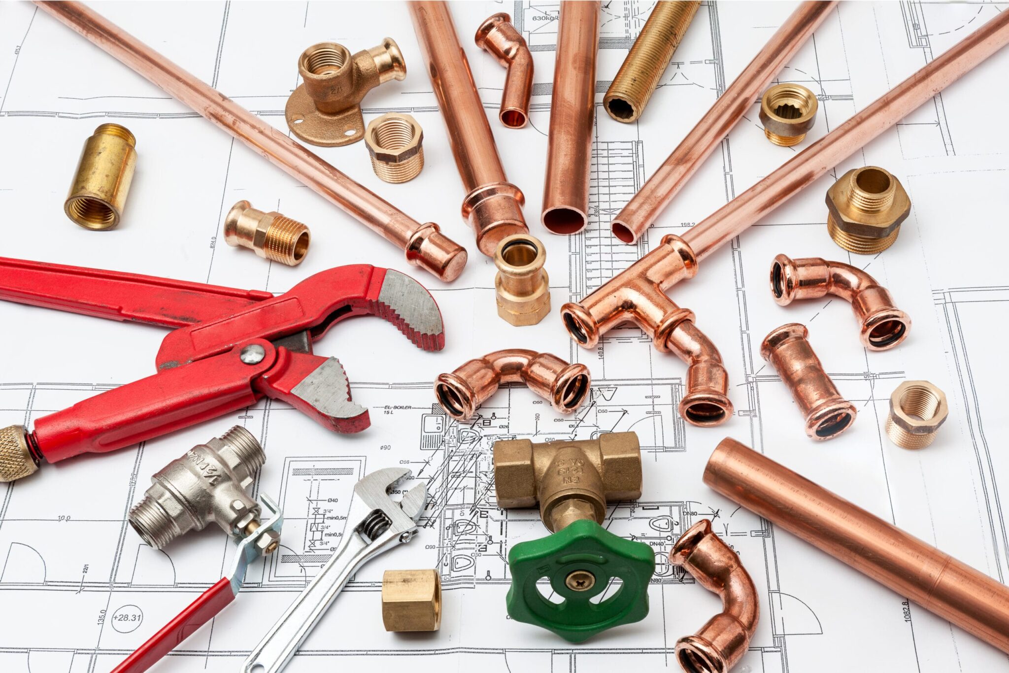 Copper pipes, fittings, valves, and plumbing tools in Delray Beach