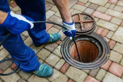 Plumber cleaning an outdoor sewer drain in Delray Beach