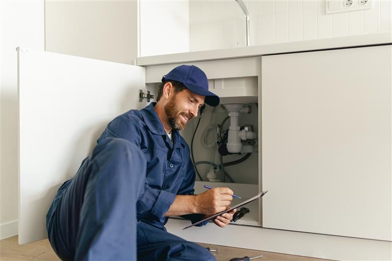 Residential plumber reviewing plumbing repairs in a Delray Beach kitchen