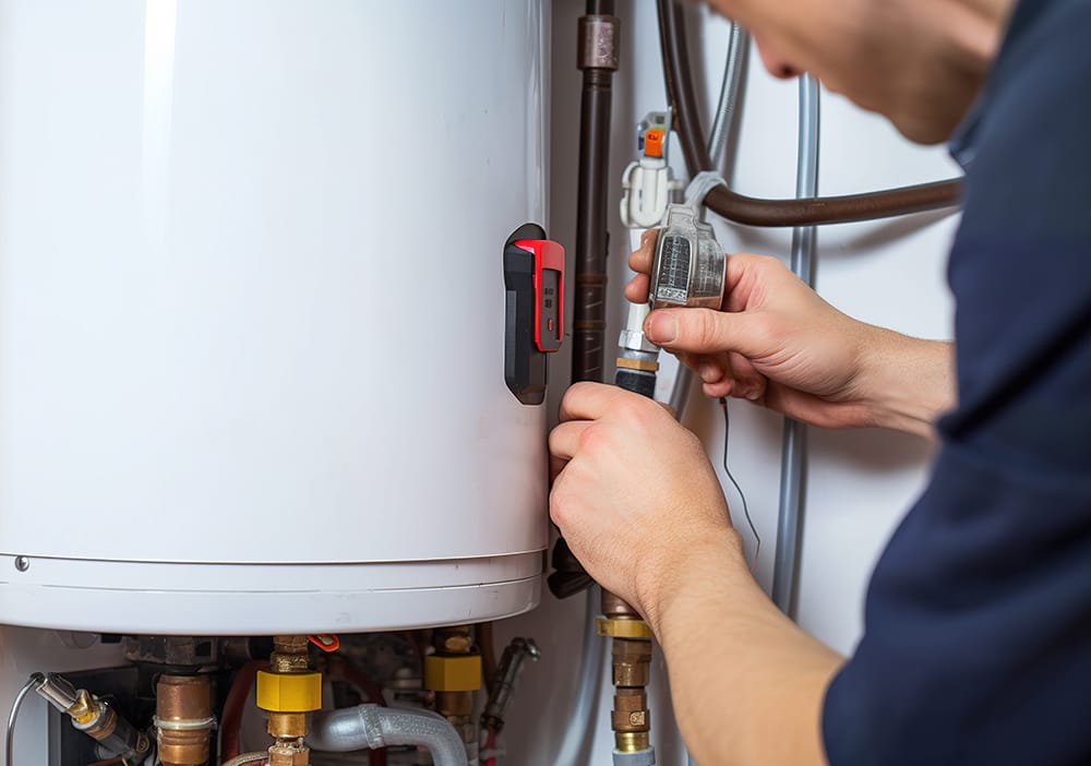 Technician repairing pipes connected to a water heater in Delray Beach